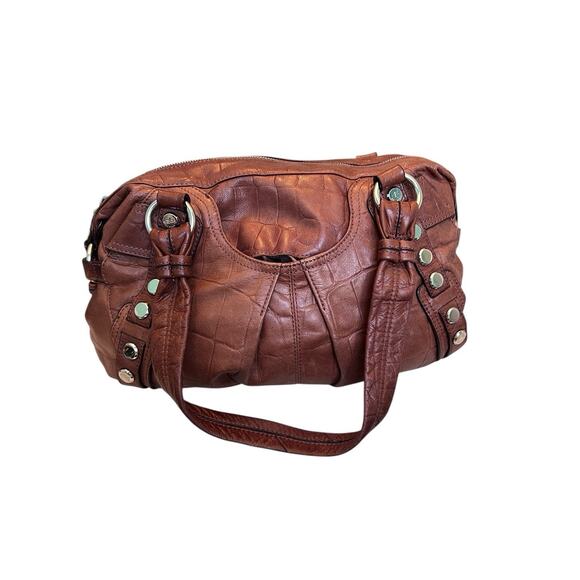B. Makowsky Large Brown Leather Tote Handbag Croc Embossed Animal Print - Picture 1 of 13